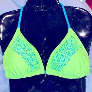 Arizona Jeans neon laser cut floral string bikini top swim acid green aqua L EUC